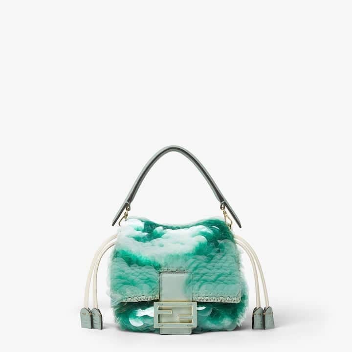 Mamma Baguette Small Mint green crochet mini-bag with maxi sequins