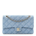 Printed Denim Quilted Medium Double Flap Light Blue