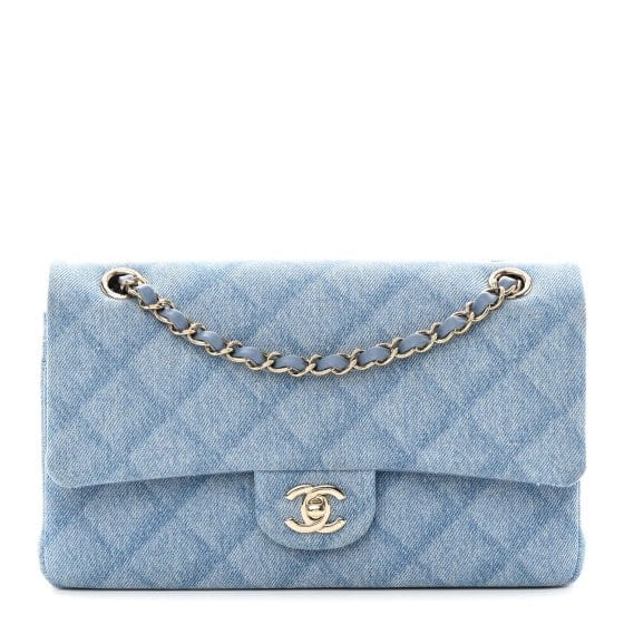 Printed Denim Quilted Medium Double Flap Light Blue