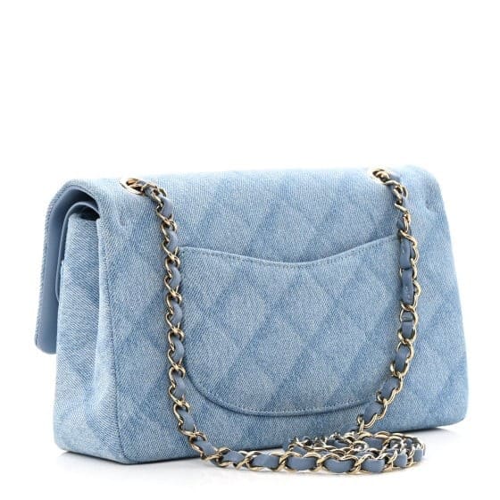 Printed Denim Quilted Medium Double Flap Light Blue