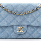 Printed Denim Quilted Medium Double Flap Light Blue