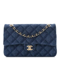 Printed Denim Quilted Medium Double Flap Dark Blue