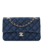 Printed Denim Quilted Medium Double Flap Dark Blue