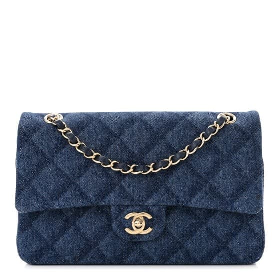 Printed Denim Quilted Medium Double Flap Dark Blue