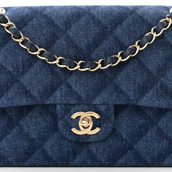 Printed Denim Quilted Medium Double Flap Dark Blue