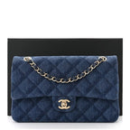 Printed Denim Quilted Medium Double Flap Dark Blue