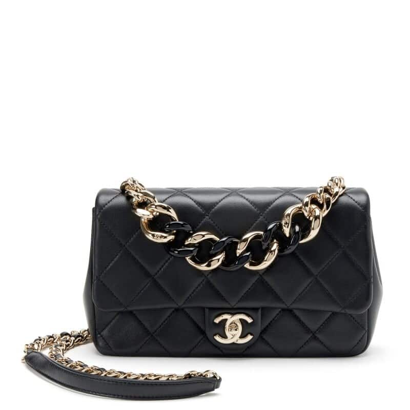 Black Quilted Lambskin Small Elegant Flap Bag Resin and Gold Hardware