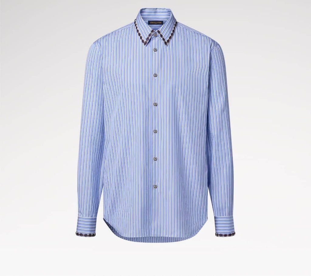 Bead-Embroidered Long-Sleeved Striped Shirt