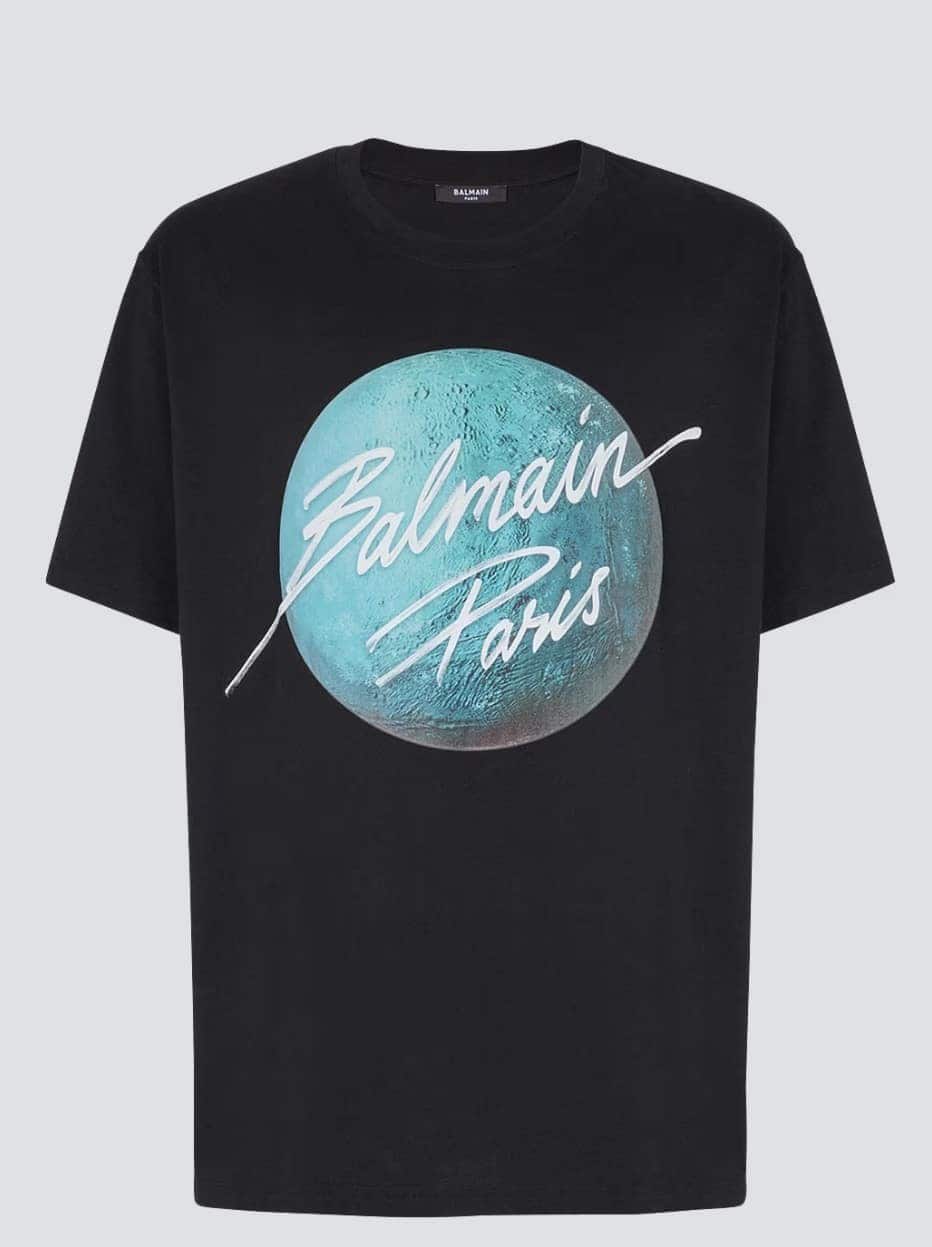 Printed Balmain Paris logo and planet T-shirt