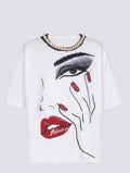 Pearls chains details partial face t-shirt