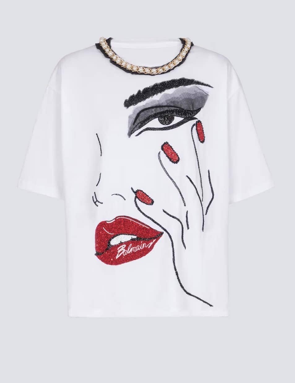 Pearls chains details partial face t-shirt