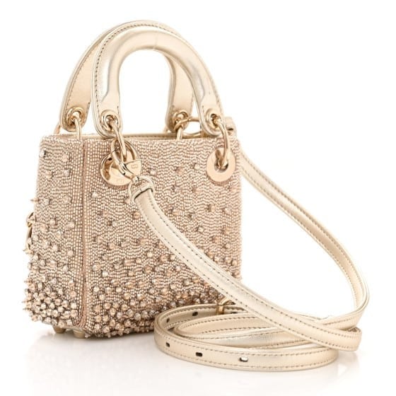 Metallic Lambskin Crystal Beaded Embroidered Micro Lady Dior Gold