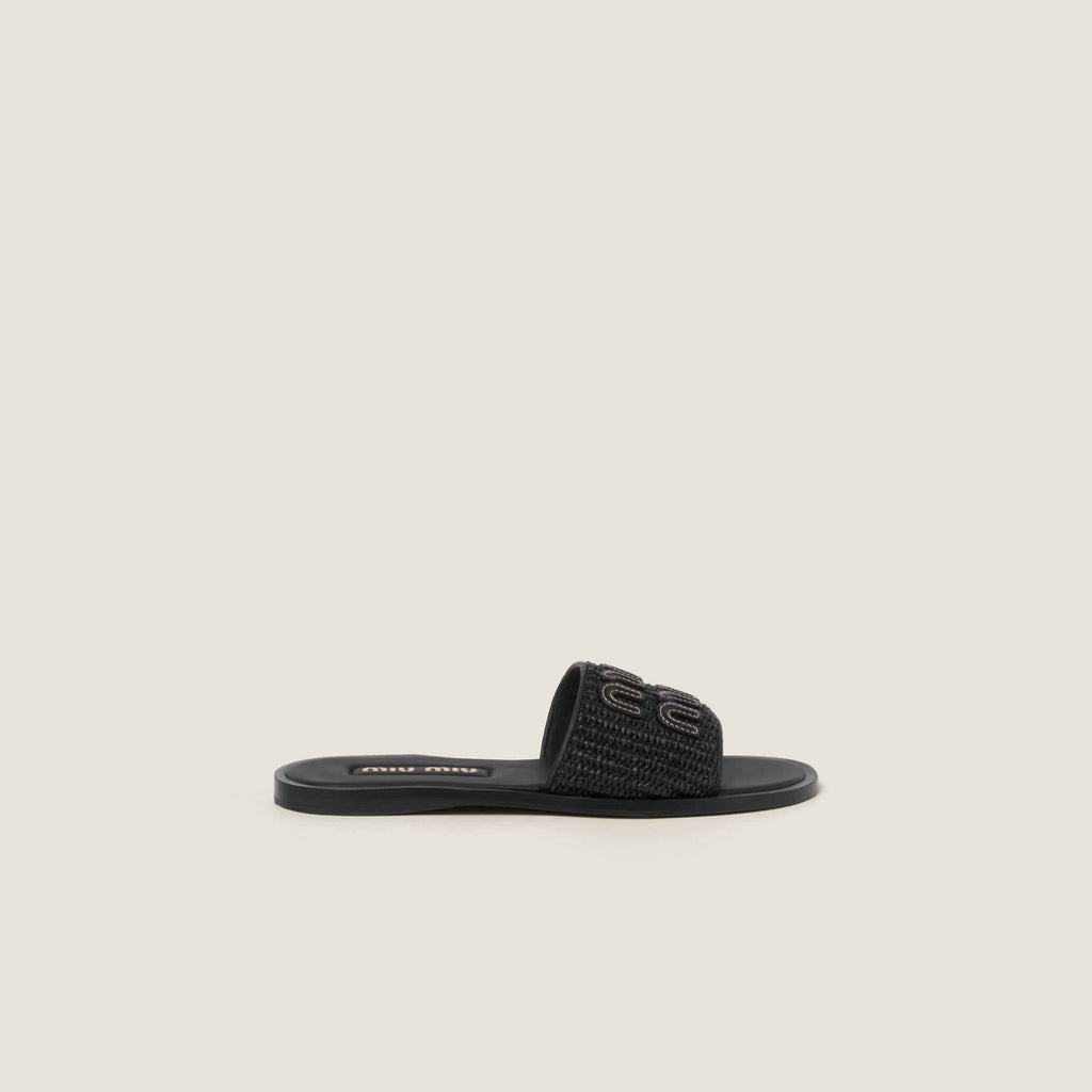 MiuMiu Raffia-effect woven fabric slides