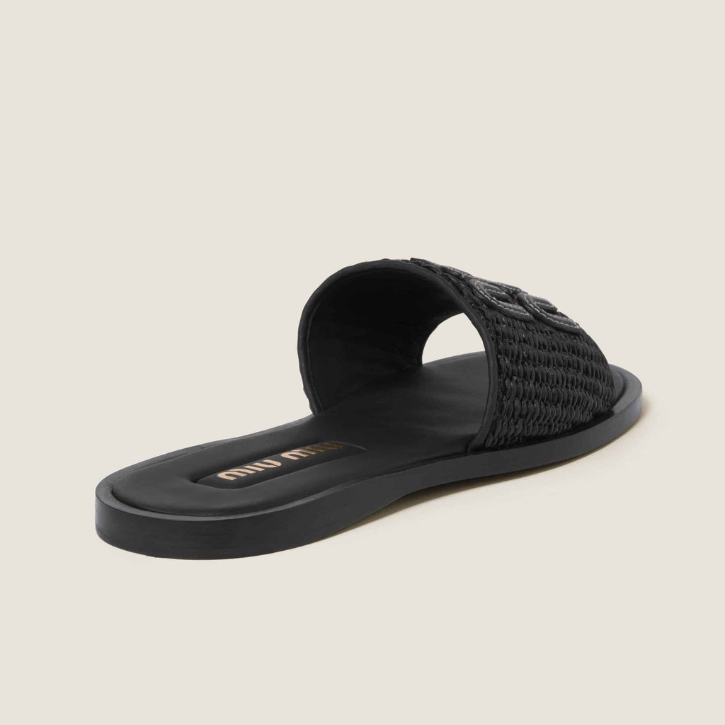 MiuMiu Raffia-effect woven fabric slides
