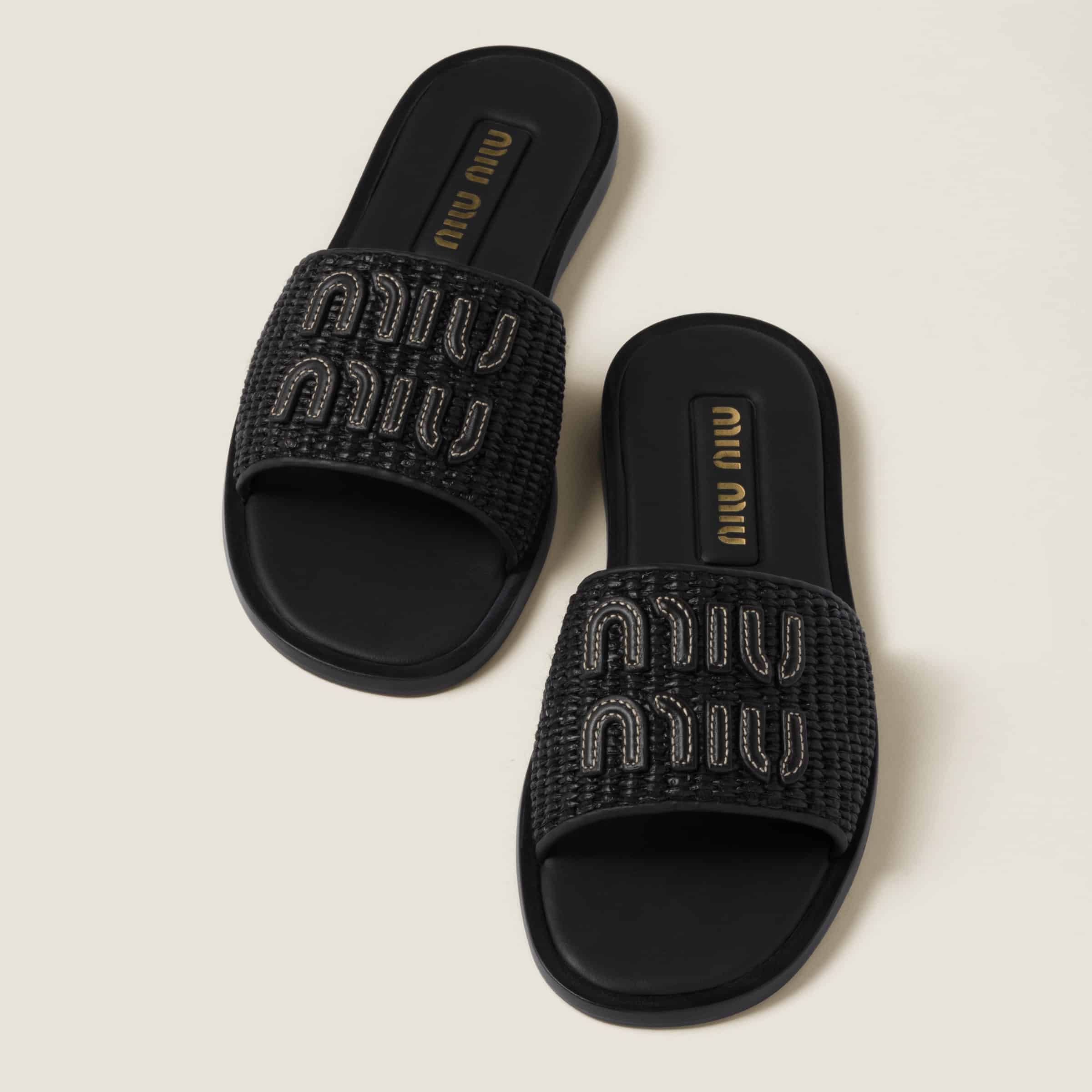MiuMiu Raffia-effect woven fabric slides