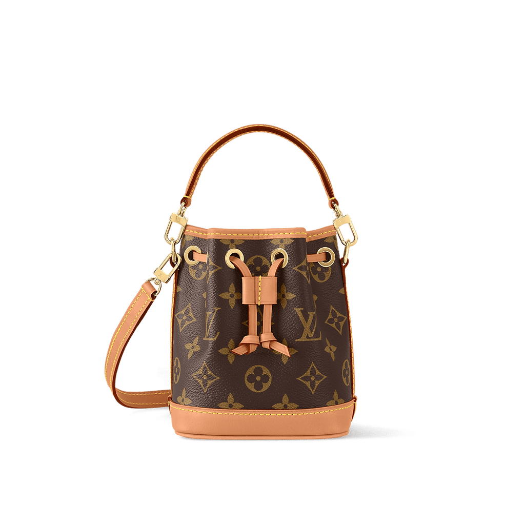 Mini Nano Noé bag in Monogram canvas with cowhide leather trim, drawstring closure, and removable strap for versatile wear.
