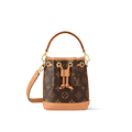 Mini Nano Noé bag in Monogram canvas with cowhide leather trim, drawstring closure, and removable strap for versatile wear.
