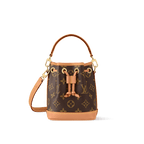 Mini Nano Noé bag in Monogram canvas with cowhide leather trim, drawstring closure, and removable strap for versatile wear.