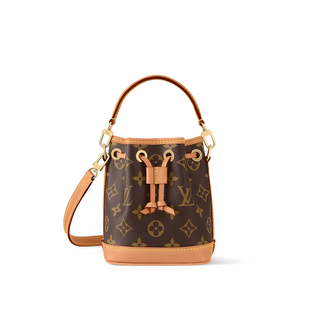 Mini Nano Noé bag in Monogram canvas with cowhide leather trim, drawstring closure, and removable strap for versatile wear.