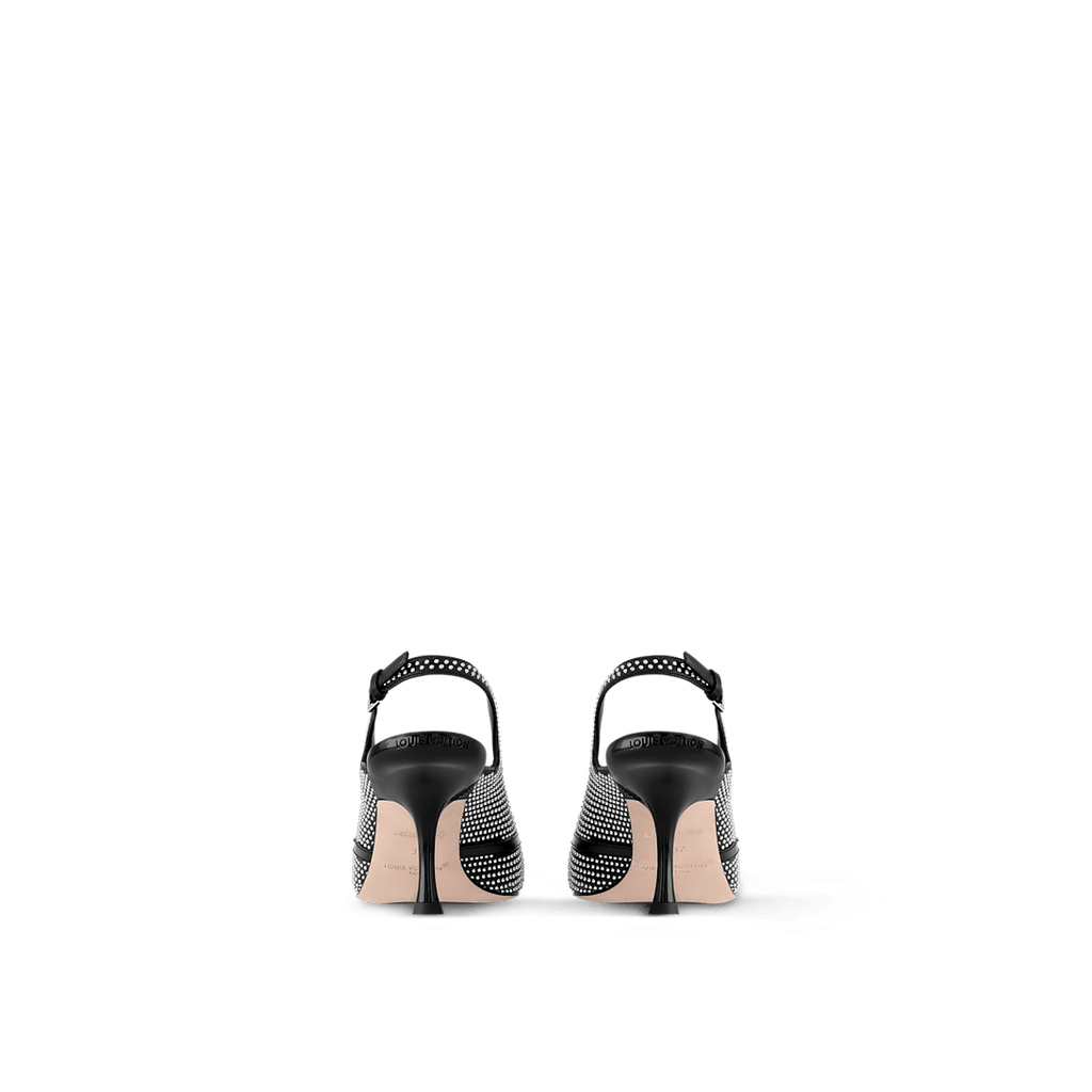 Louis Vuitton 6AM Slingback Pump in black lambskin with silver-toned studs, LV Circle accessory, and a mid-height curved heel.