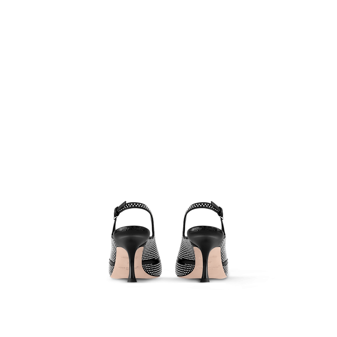Louis Vuitton 6AM Slingback Pump in black lambskin with silver-toned studs, LV Circle accessory, and a mid-height curved heel.