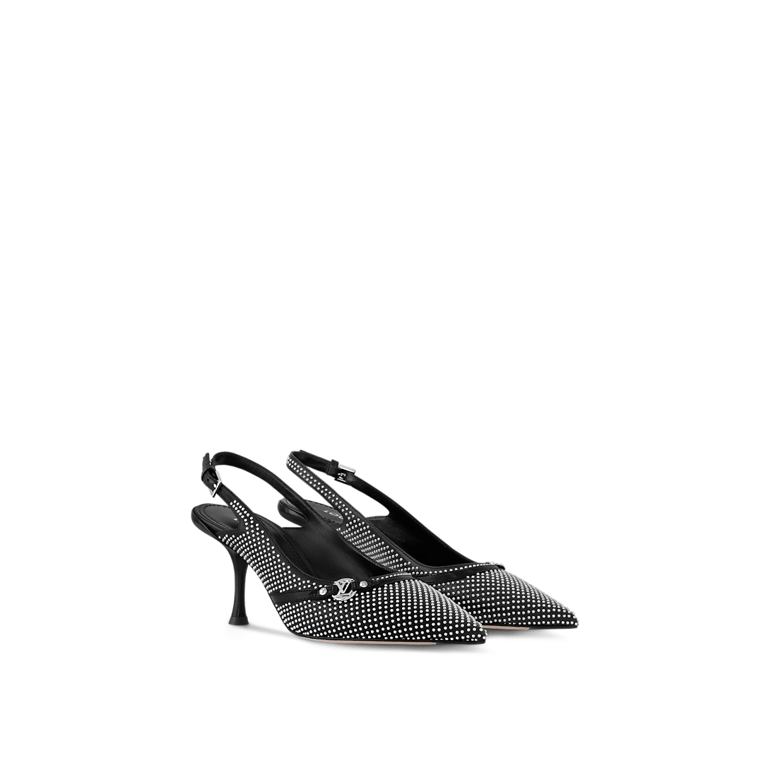 Louis Vuitton 6AM Slingback Pump in black lambskin with silver-toned studs, LV Circle accessory, and a mid-height curved heel.