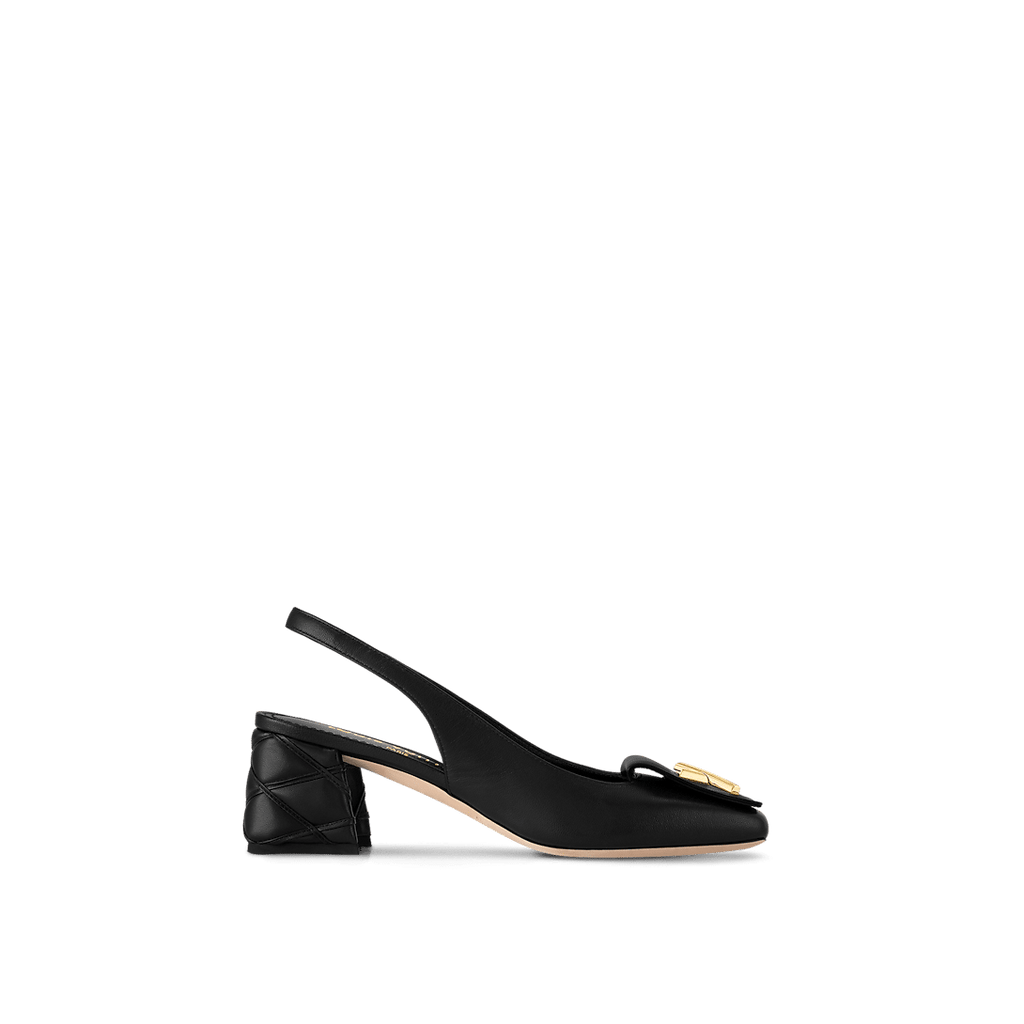 Louis Vuitton Shake Slingback Pump in black lambskin with a Malletage-patterned block heel and LV accessory for a refined statement look.