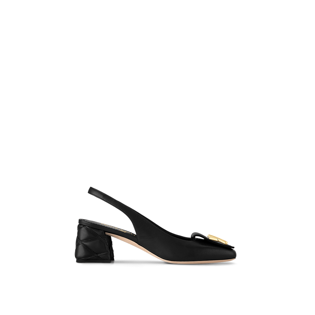 Louis Vuitton Shake Slingback Pump in black lambskin with a Malletage-patterned block heel and LV accessory for a refined statement look.