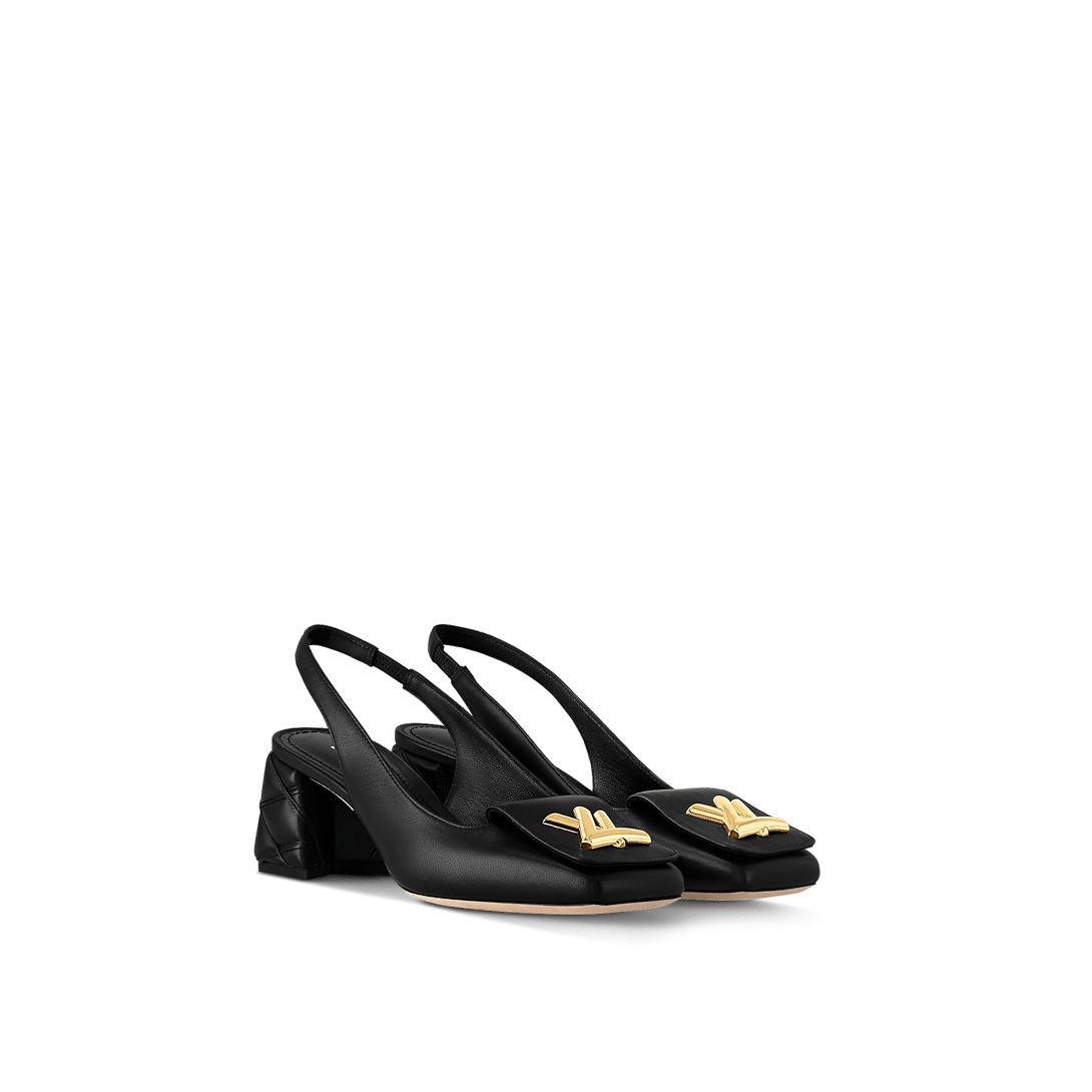 Louis Vuitton Shake Slingback Pump in black lambskin with a Malletage-patterned block heel and LV accessory for a refined statement look.