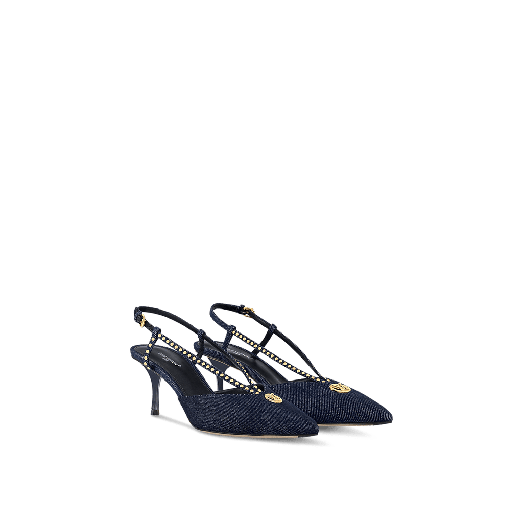 Louis Vuitton Stellar Slingback Pump in dark blue denim with gold-tone LV Circle detail, studded straps, and a star-shaped heel.