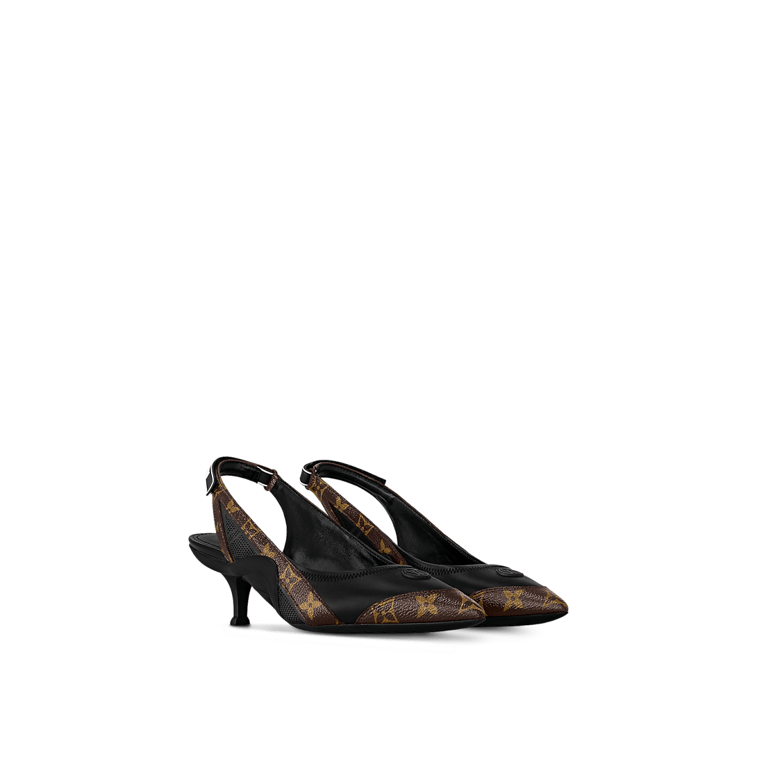 Louis Vuitton Archlight Slingback Pump in black lambskin and patent Monogram canvas, featuring mesh inserts, an LV Circle signature, and a kitten heel.