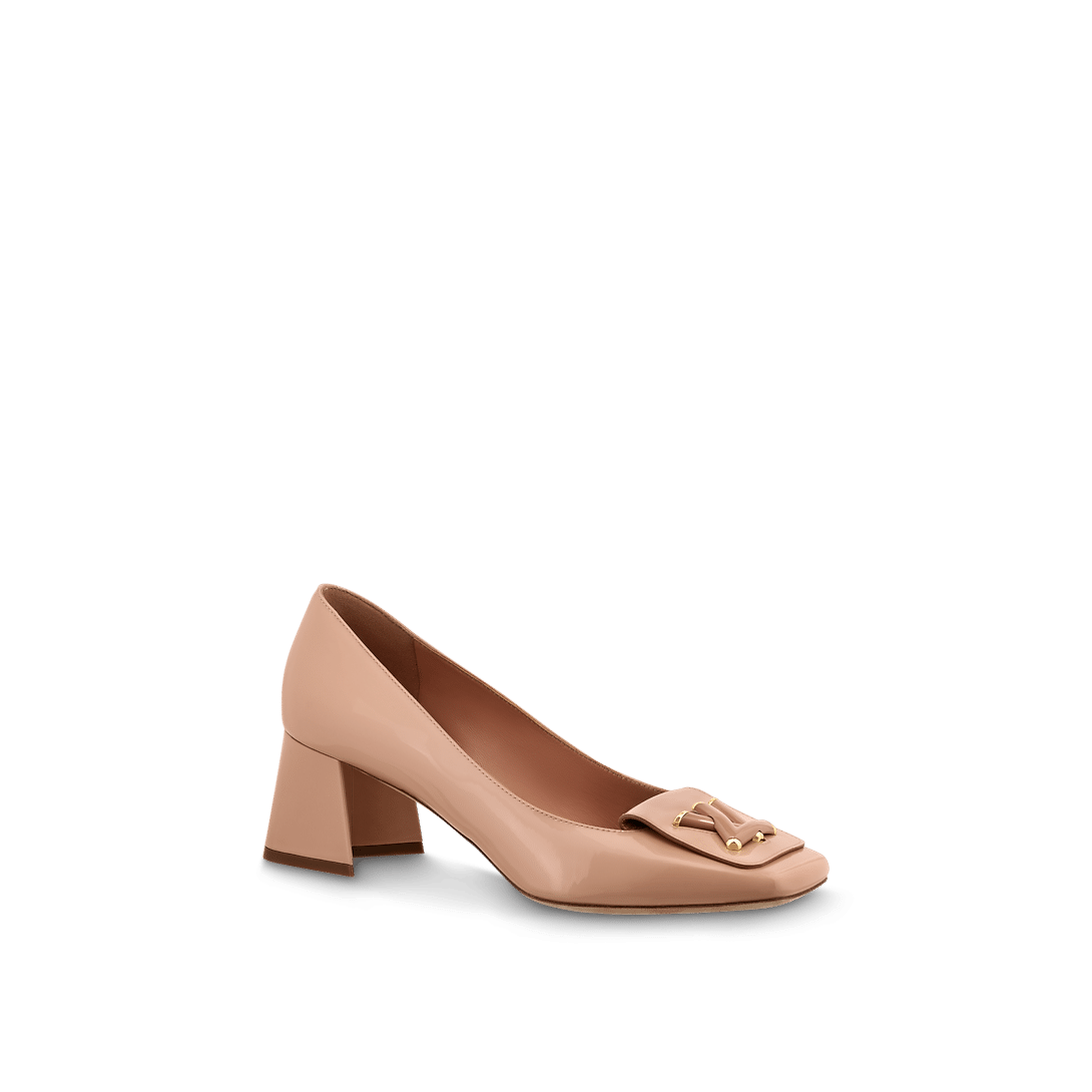 Louis Vuitton Shake Pump in Nude Pink patent calf leather with LV accessory and V-shaped block heel for a sophisticated, modern look.