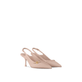 Louis Vuitton 6AM Slingback Pump in nude pink lambskin with patent leather strap, LV Circle accessory, and a 3-inch curved heel.