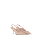 Louis Vuitton 6AM Slingback Pump in nude pink lambskin with patent leather strap, LV Circle accessory, and a 3-inch curved heel.