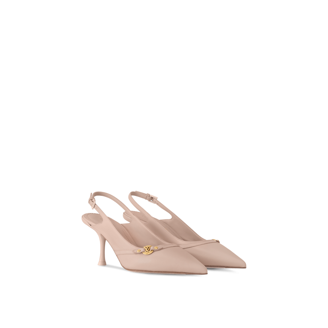 Louis Vuitton 6AM Slingback Pump in nude pink lambskin with patent leather strap, LV Circle accessory, and a 3-inch curved heel.
