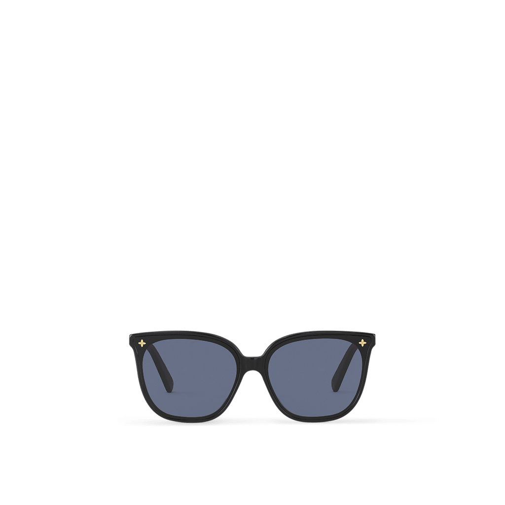 My Monogram Fame Large Square sunglasses featuring black acetate frames, blue lenses, and gold-tone Monogram signature detailing.