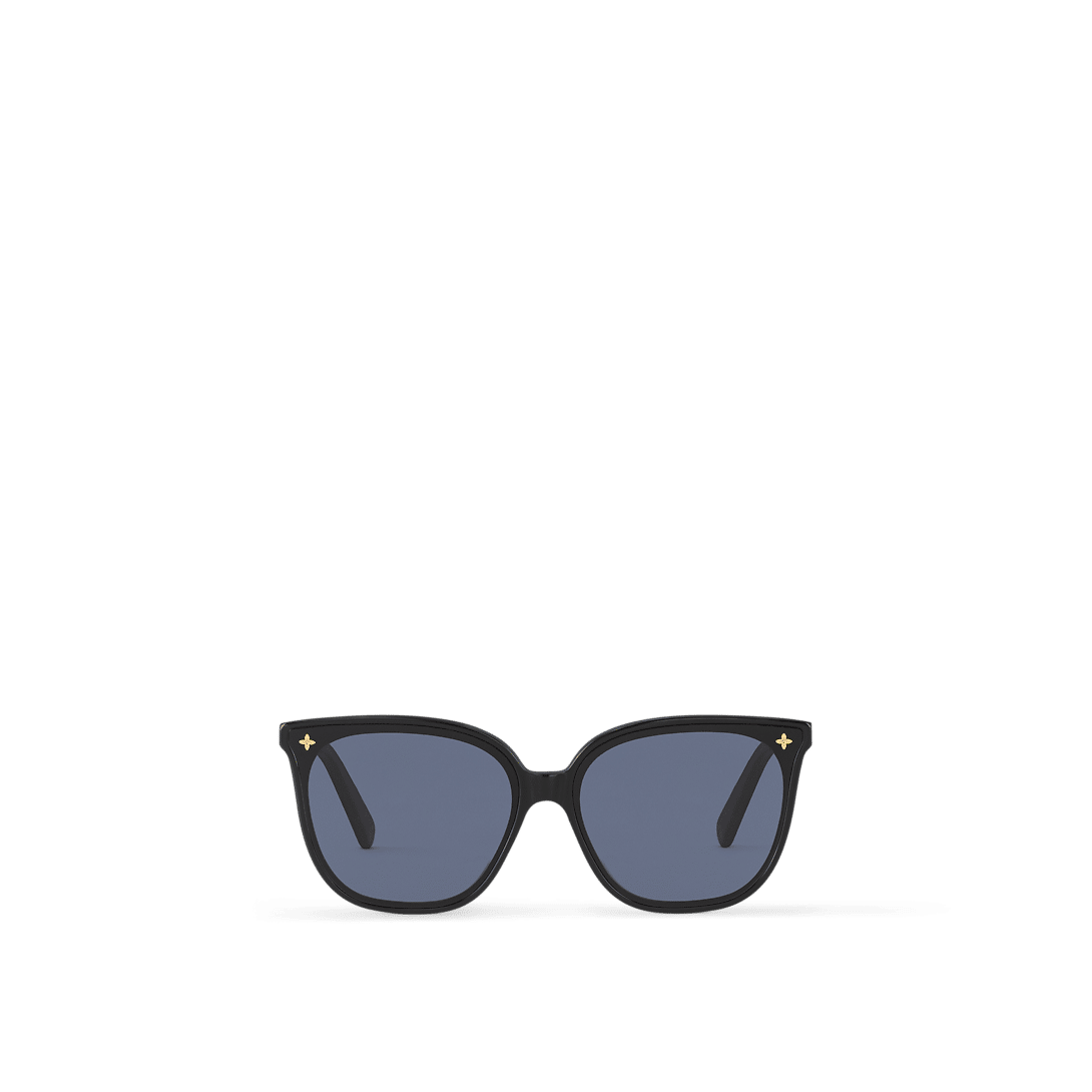 My Monogram Fame Large Square sunglasses featuring black acetate frames, blue lenses, and gold-tone Monogram signature detailing.
