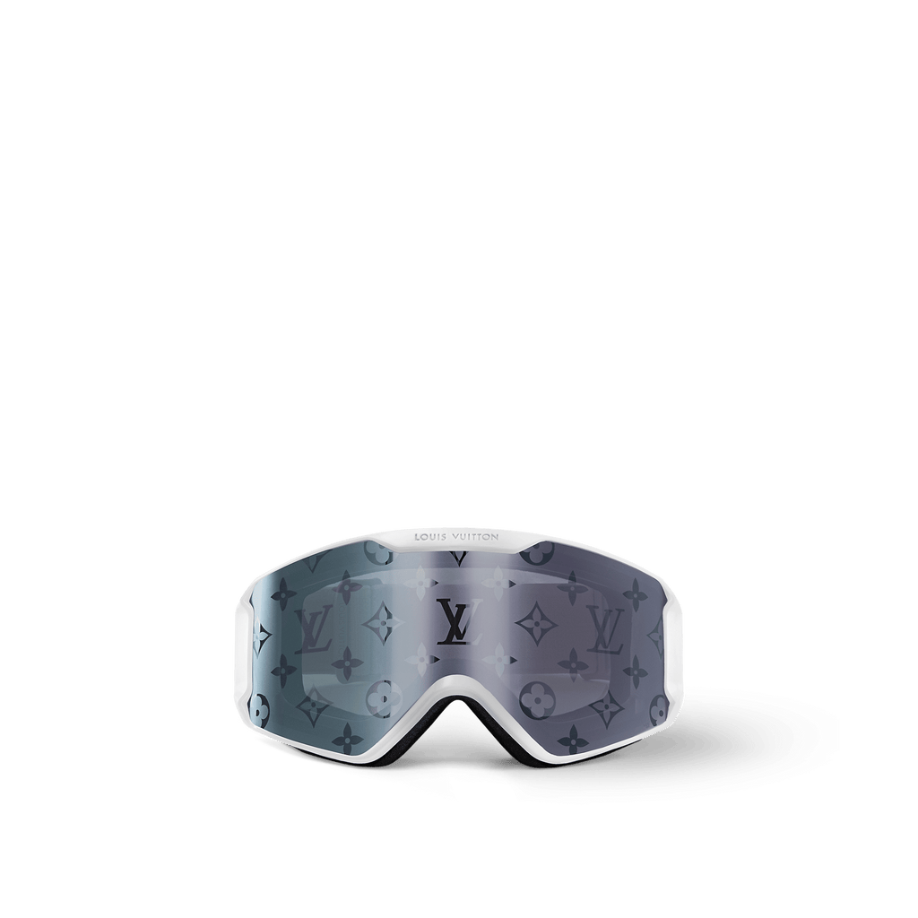 LV Snow ski goggles with a white matte-frosted frame, curved silver Monogram lens, and embossed 5 Elements adjustable strap for high-performance winter sports.