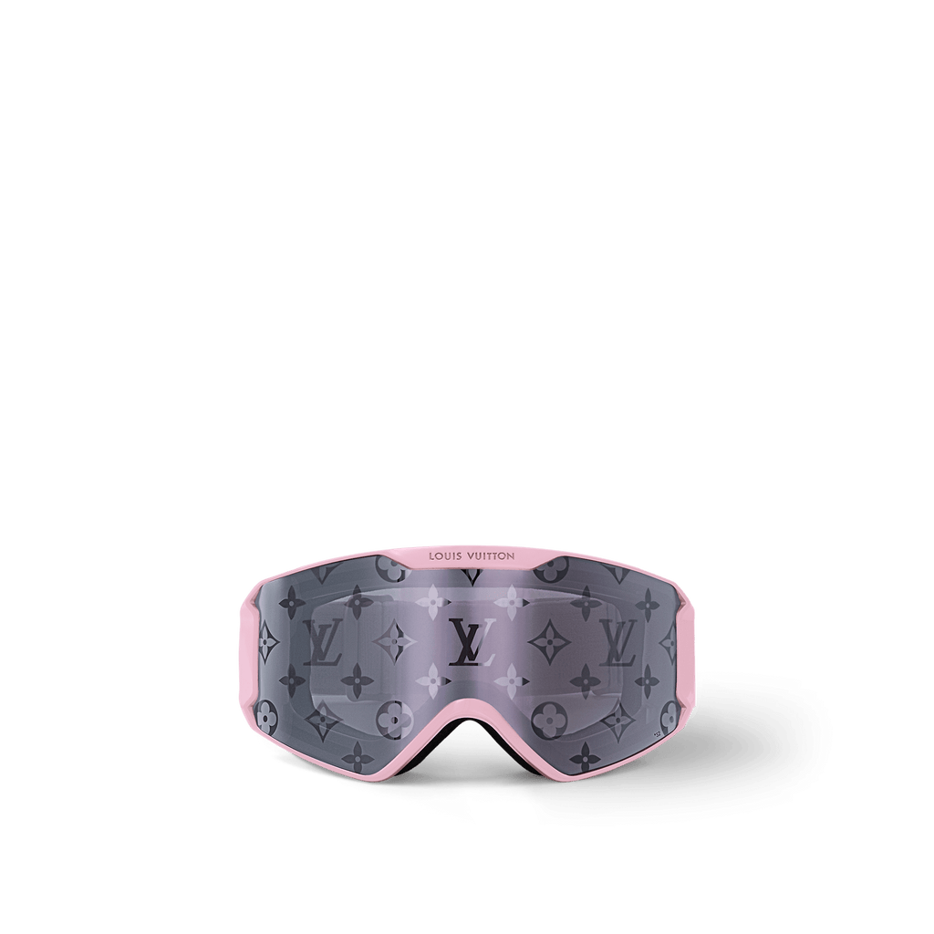 Luxury LV Snow ski goggles with a light pink matte-frosted frame, curved silver Monogram lens, and an embossed adjustable strap, offering anti-UV, anti-fog, and anti-scratch protection for high-performance skiing.