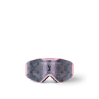 Luxury LV Snow ski goggles with a light pink matte-frosted frame, curved silver Monogram lens, and an embossed adjustable strap, offering anti-UV, anti-fog, and anti-scratch protection for high-performance skiing.