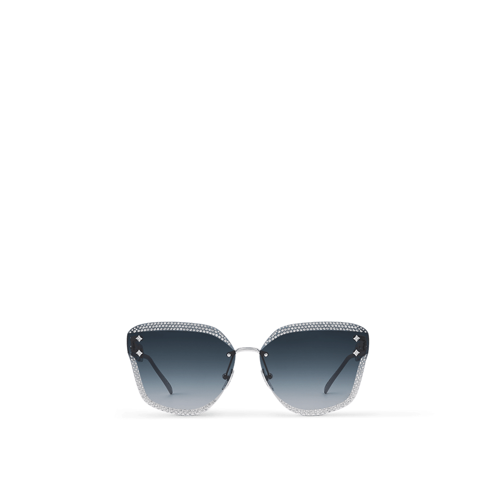 LV Jewel Strass Cat Eye sunglasses with faceted rimless lenses, crystal embellishments, silver-tone Monogram chain-link temples, and gradient black lenses.