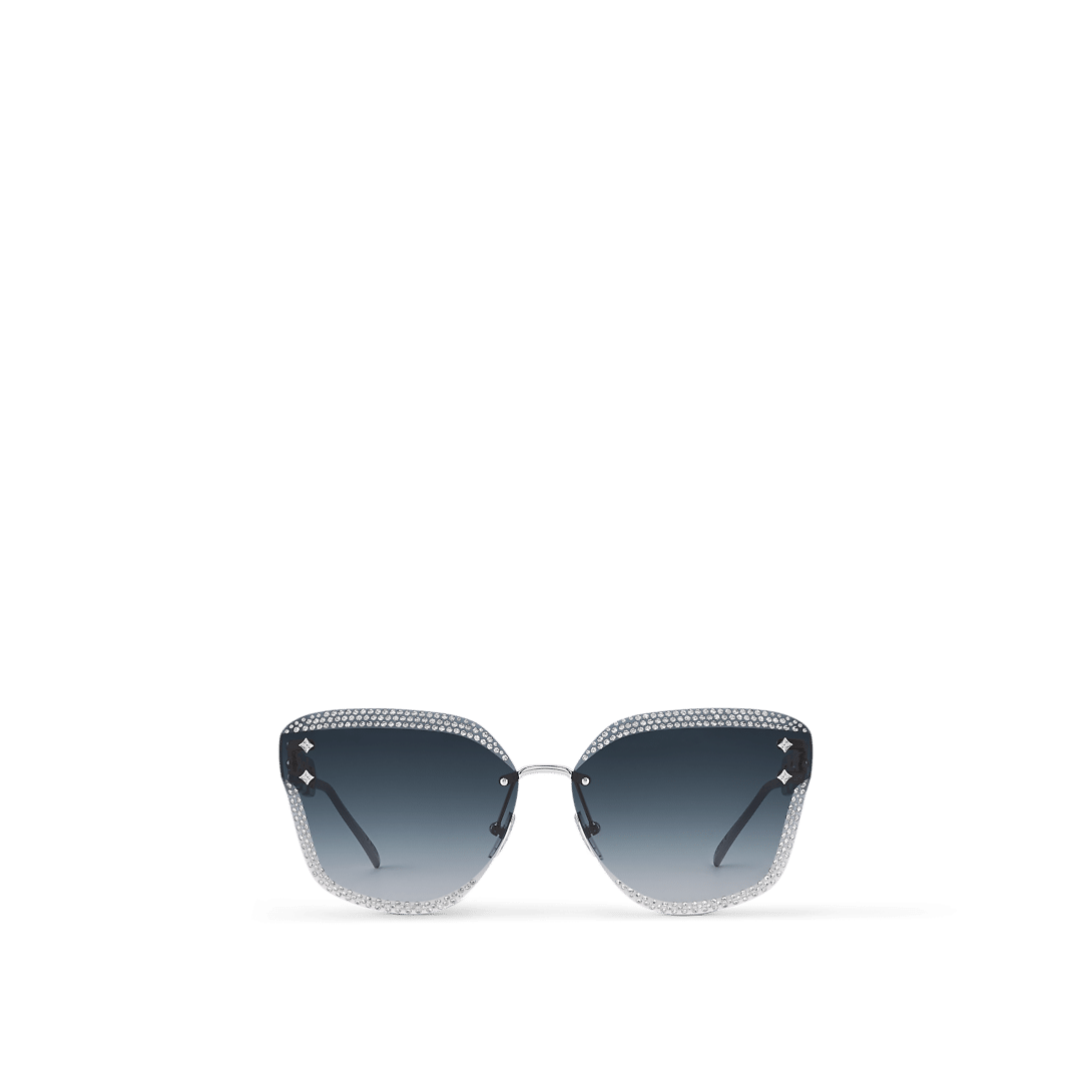 LV Jewel Strass Cat Eye sunglasses with faceted rimless lenses, crystal embellishments, silver-tone Monogram chain-link temples, and gradient black lenses.