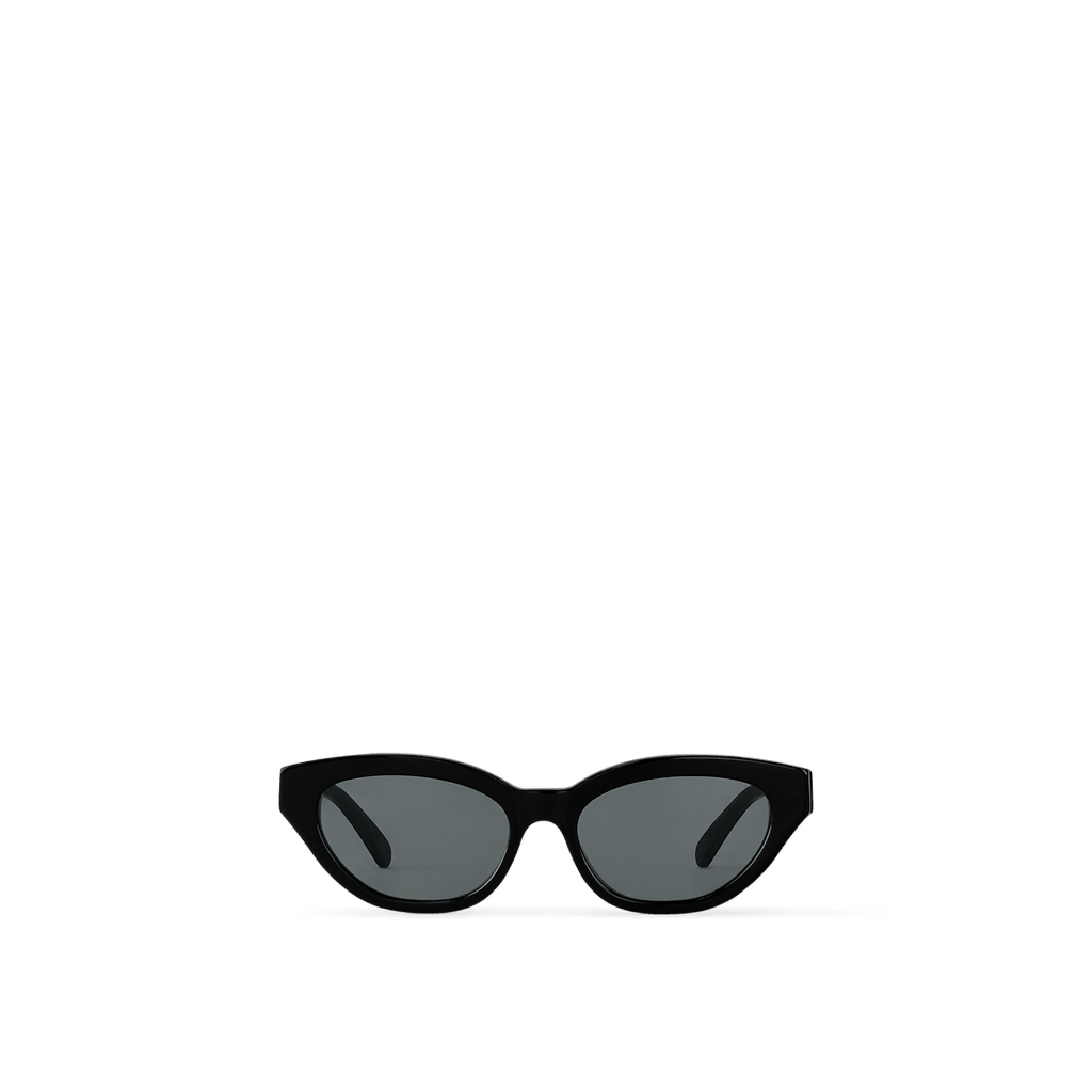 LV Essential Cat Eye sunglasses featuring black square frames, gold-tone Louis Vuitton signature on the temples, and engraved Monogram Flower end tips.