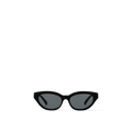 LV Essential Cat Eye sunglasses featuring black square frames, gold-tone Louis Vuitton signature on the temples, and engraved Monogram Flower end tips.
