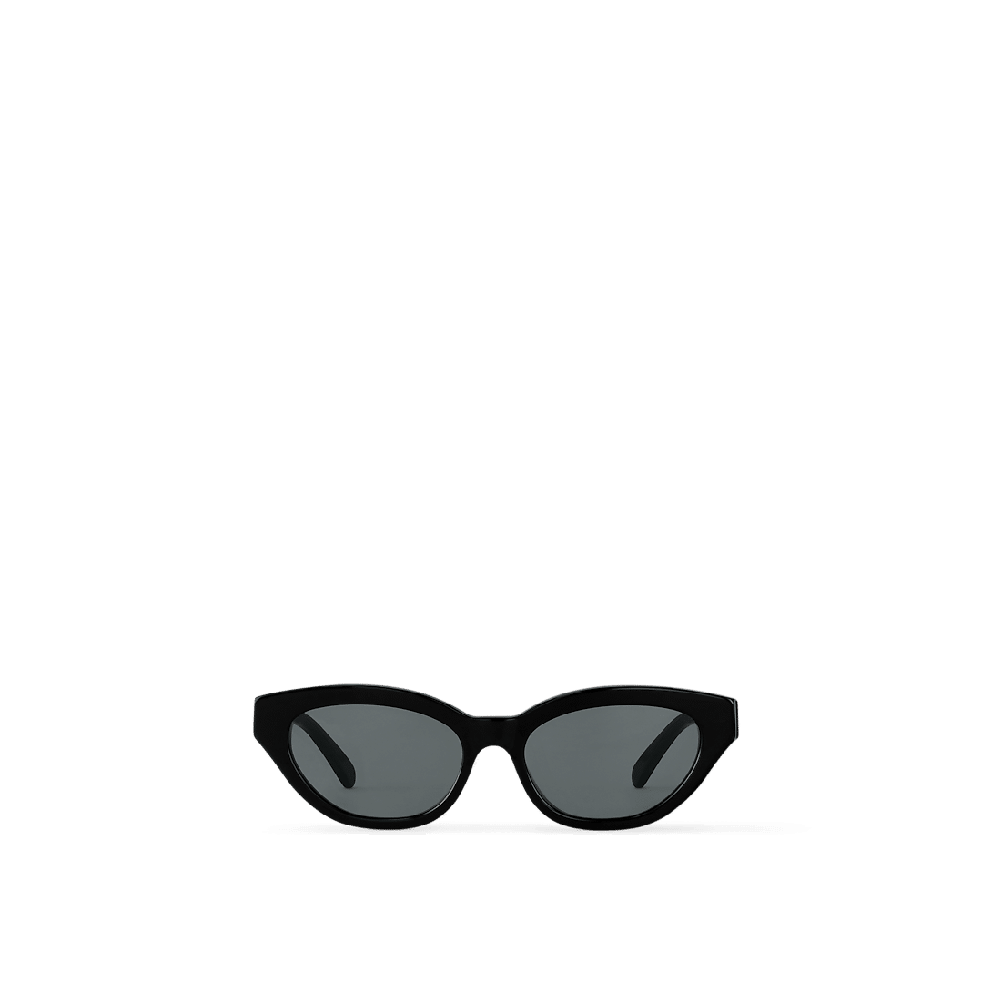 LV Essential Cat Eye sunglasses featuring black square frames, gold-tone Louis Vuitton signature on the temples, and engraved Monogram Flower end tips.