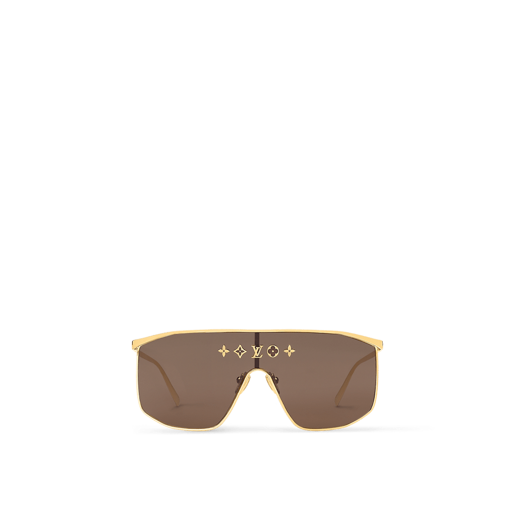 LV Golden Mask sunglasses with a gold-toned metal frame, brown lenses, 5 Elements studs, and engraved Louis Vuitton branding on the temples and end tips.