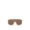 LV Golden Mask sunglasses with a gold-toned metal frame, brown lenses, 5 Elements studs, and engraved Louis Vuitton branding on the temples and end tips.