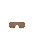 LV Golden Mask sunglasses with a gold-toned metal frame, brown lenses, 5 Elements studs, and engraved Louis Vuitton branding on the temples and end tips.