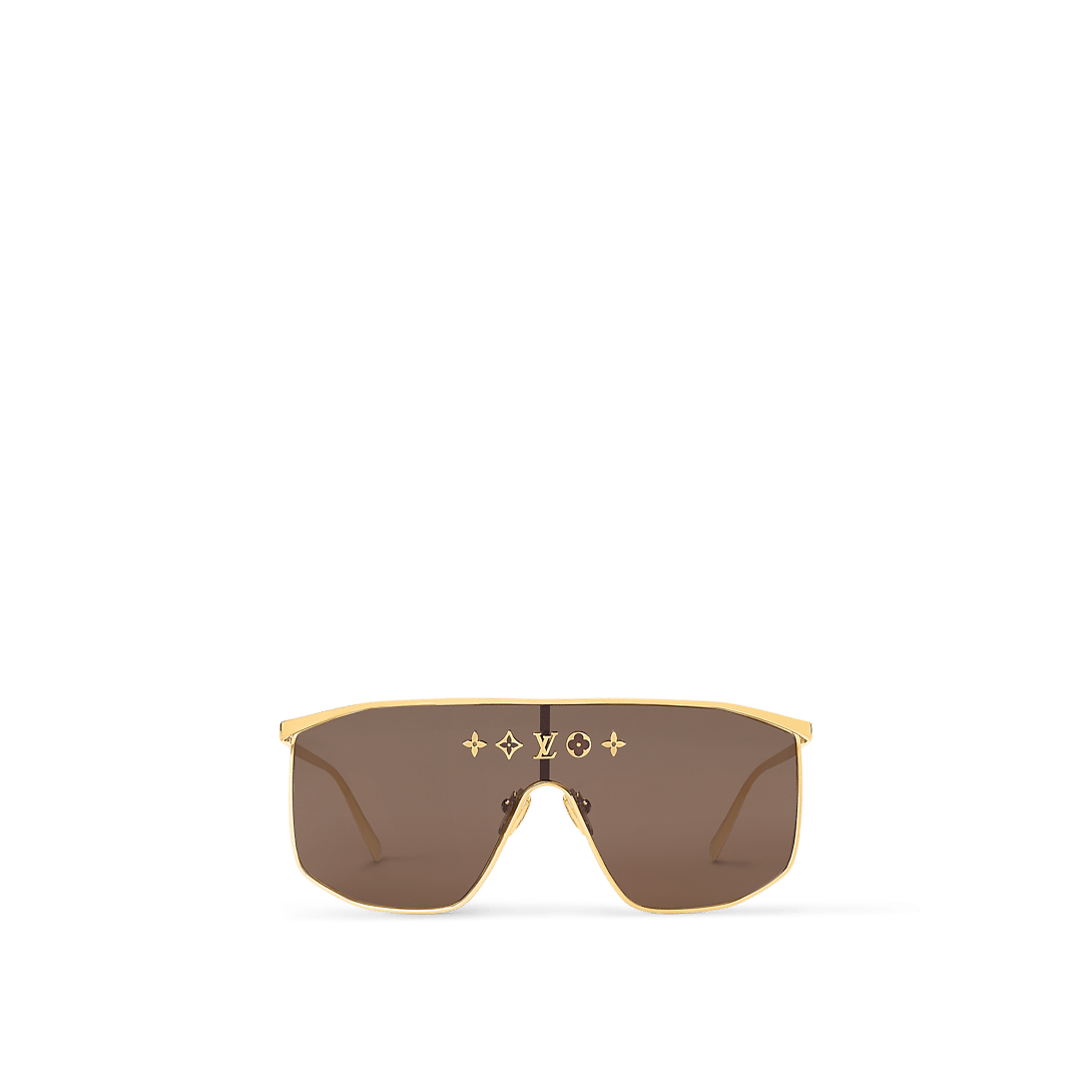 LV Golden Mask sunglasses with a gold-toned metal frame, brown lenses, 5 Elements studs, and engraved Louis Vuitton branding on the temples and end tips.