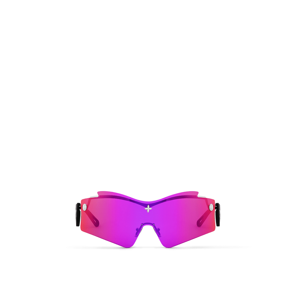 LV Mirror Mask sunglasses with a sculptural pink mirrored lens, black rubber-finish temples, and gold-toned Louis Vuitton Monogram accents.